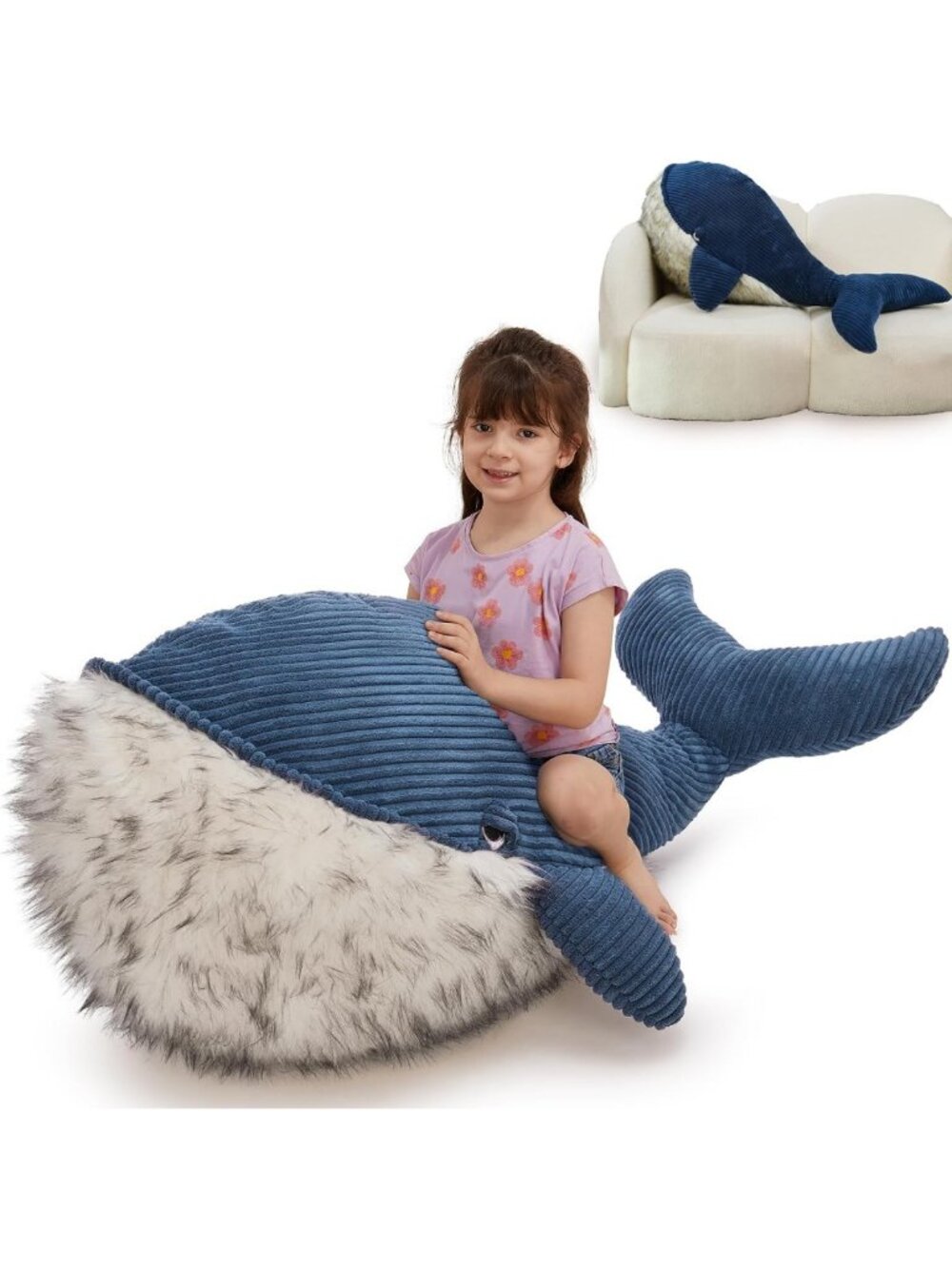 Giant Blue Whale Plush Pillow - 43.3" Stuffed Animal Toy for Kids & Adults